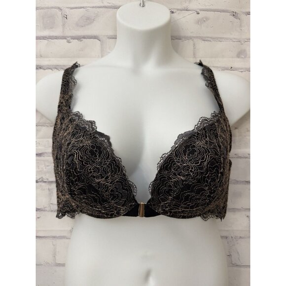Cacique Plunge‎ Bra 44C Gold Black Lace Front Close Racerback Lined Underwire - Picture 1 of 7